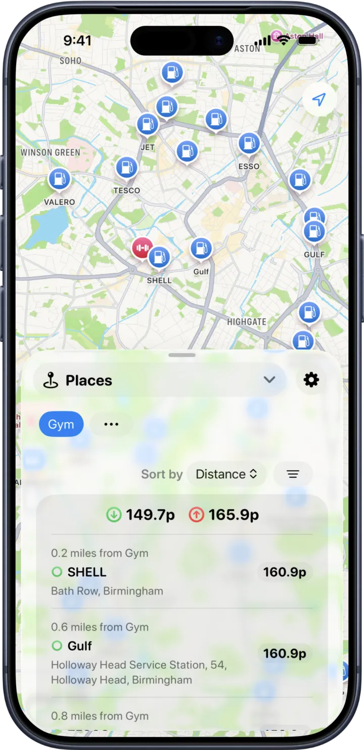 Saved places with stations near each one