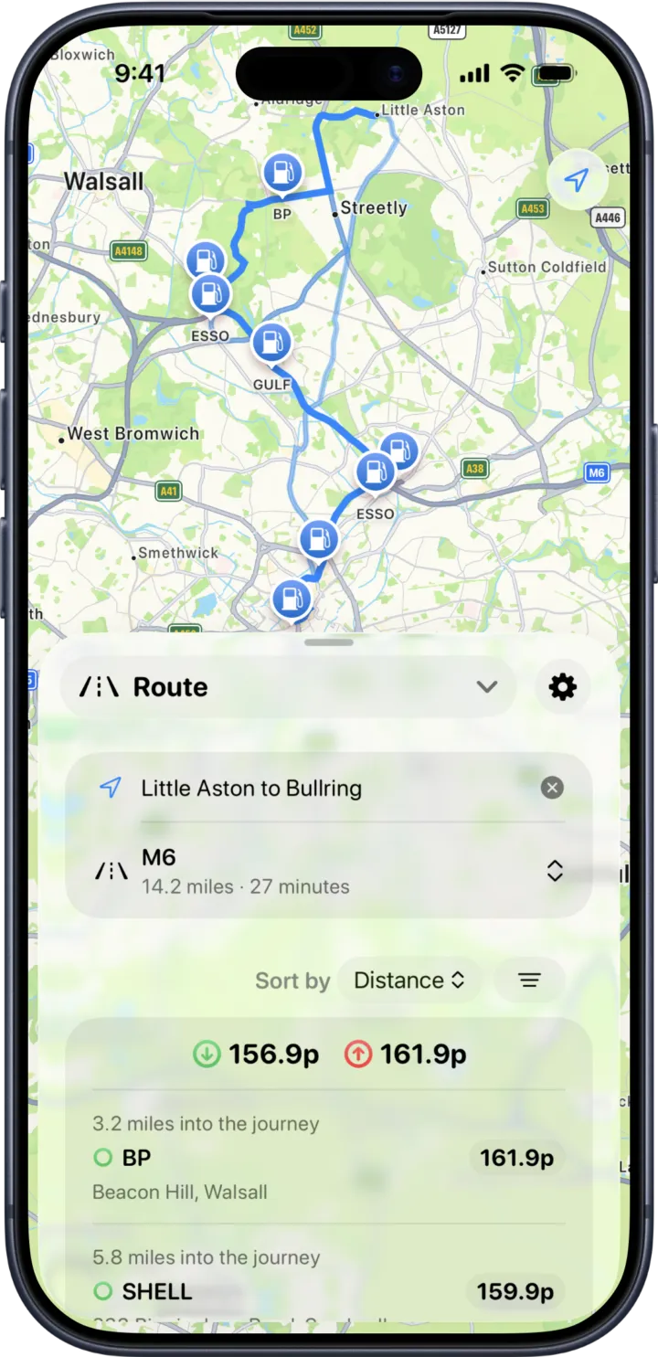 Route search showing stations along a calculated drive