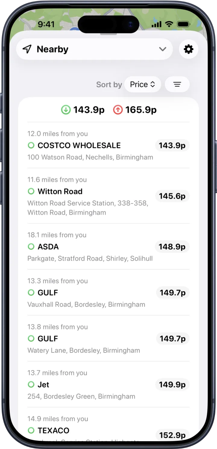 Station list sorted by price