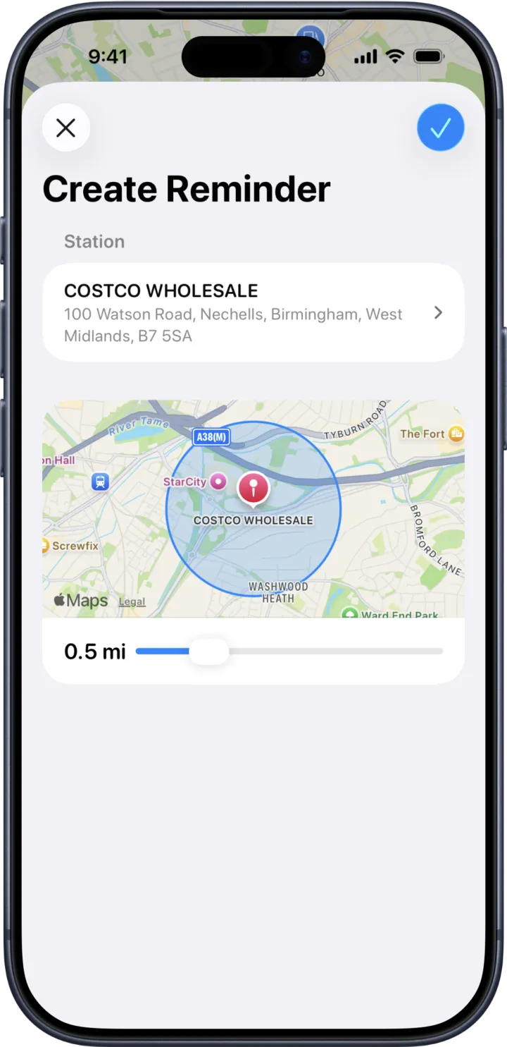Setting up a location-based reminder for a station